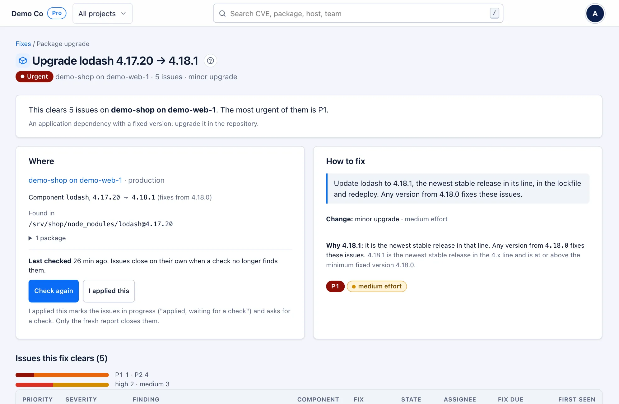 A fix page: upgrade lodash to the recommended 4.18.1 (fixes from 4.18.0), where it is, how to fix it, Check again, and the issues it clears