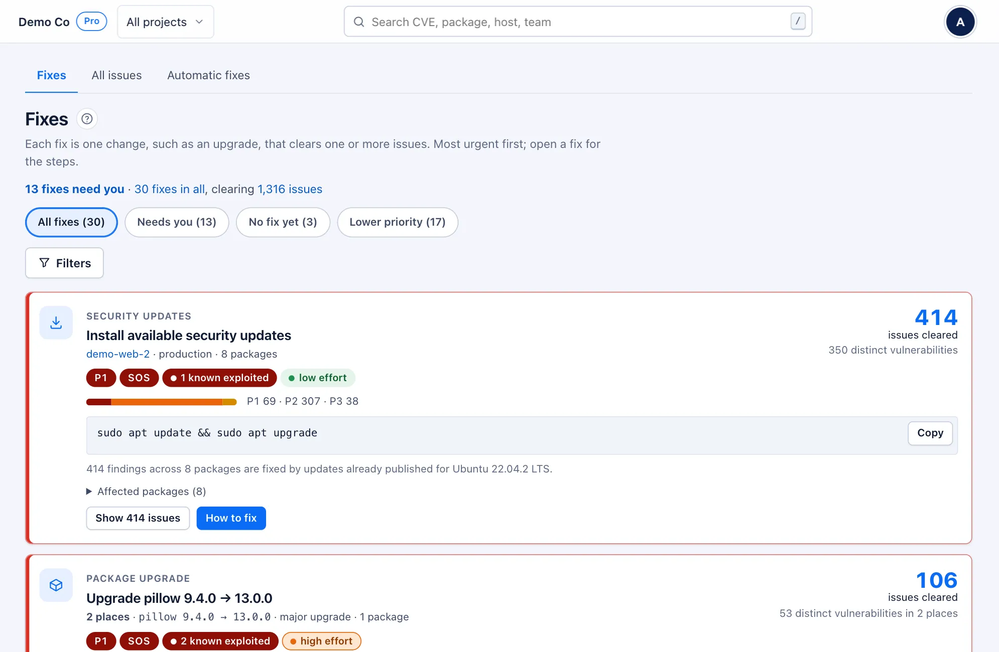 The Fixes list: one upgrade per line, most urgent first, with how many issues each clears