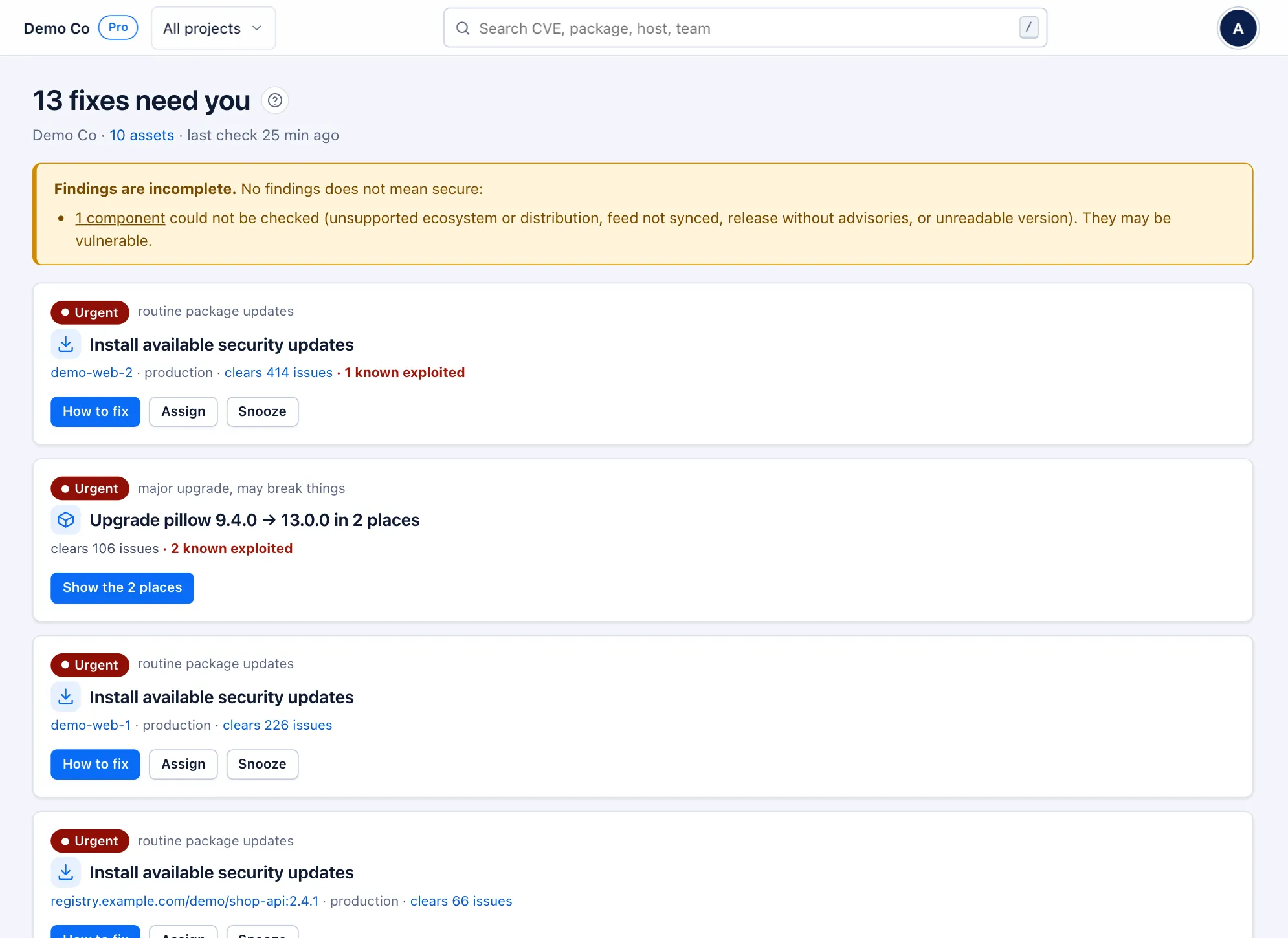 Stackurity Home: the fixes that need you now, most urgent first, each clearing several issues