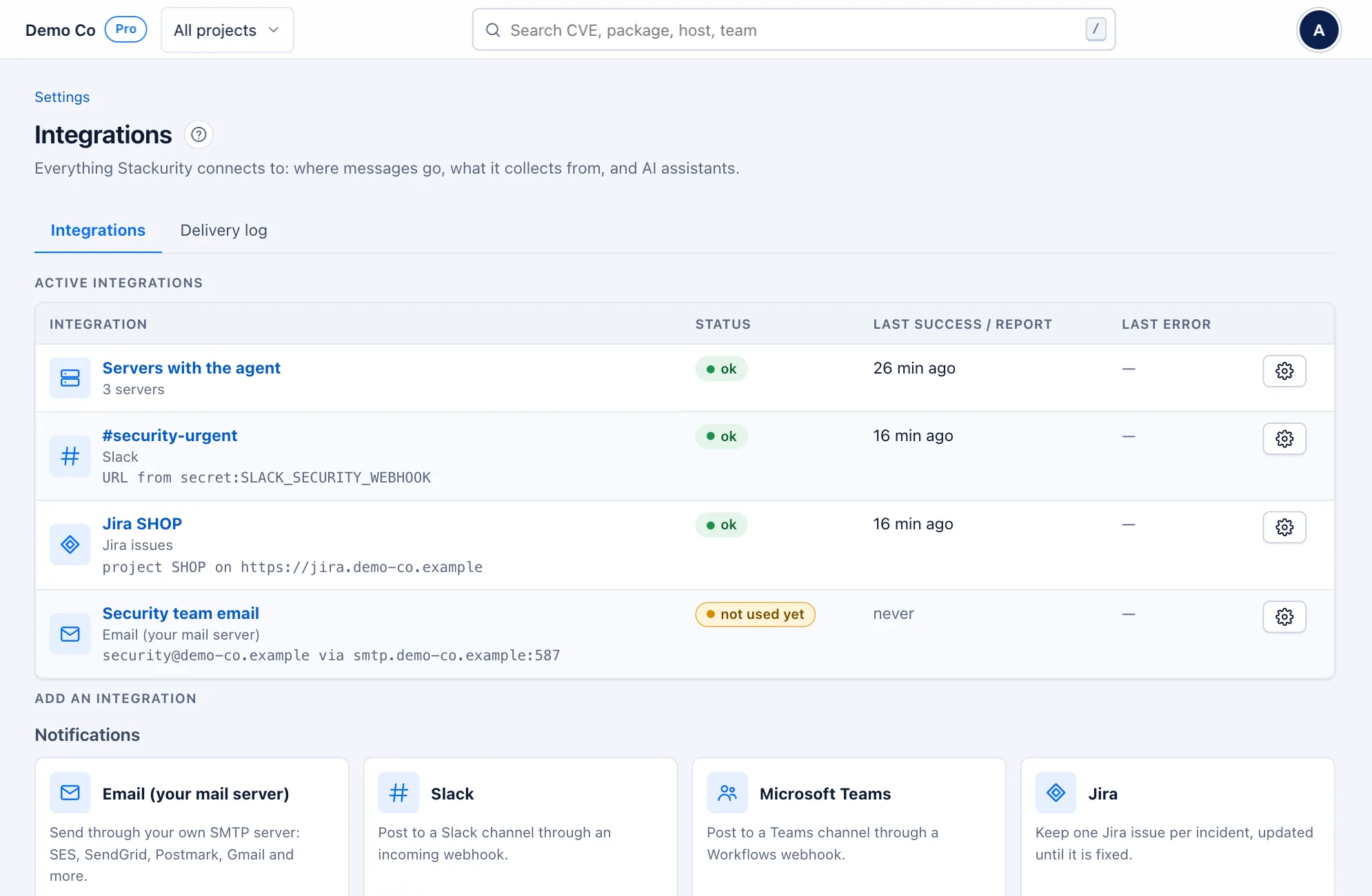 Settings, Integrations: Slack posting urgent issues only, email sending daily and weekly summaries, and Jira keeping one issue per incident for the Shop project, each with its status and last success