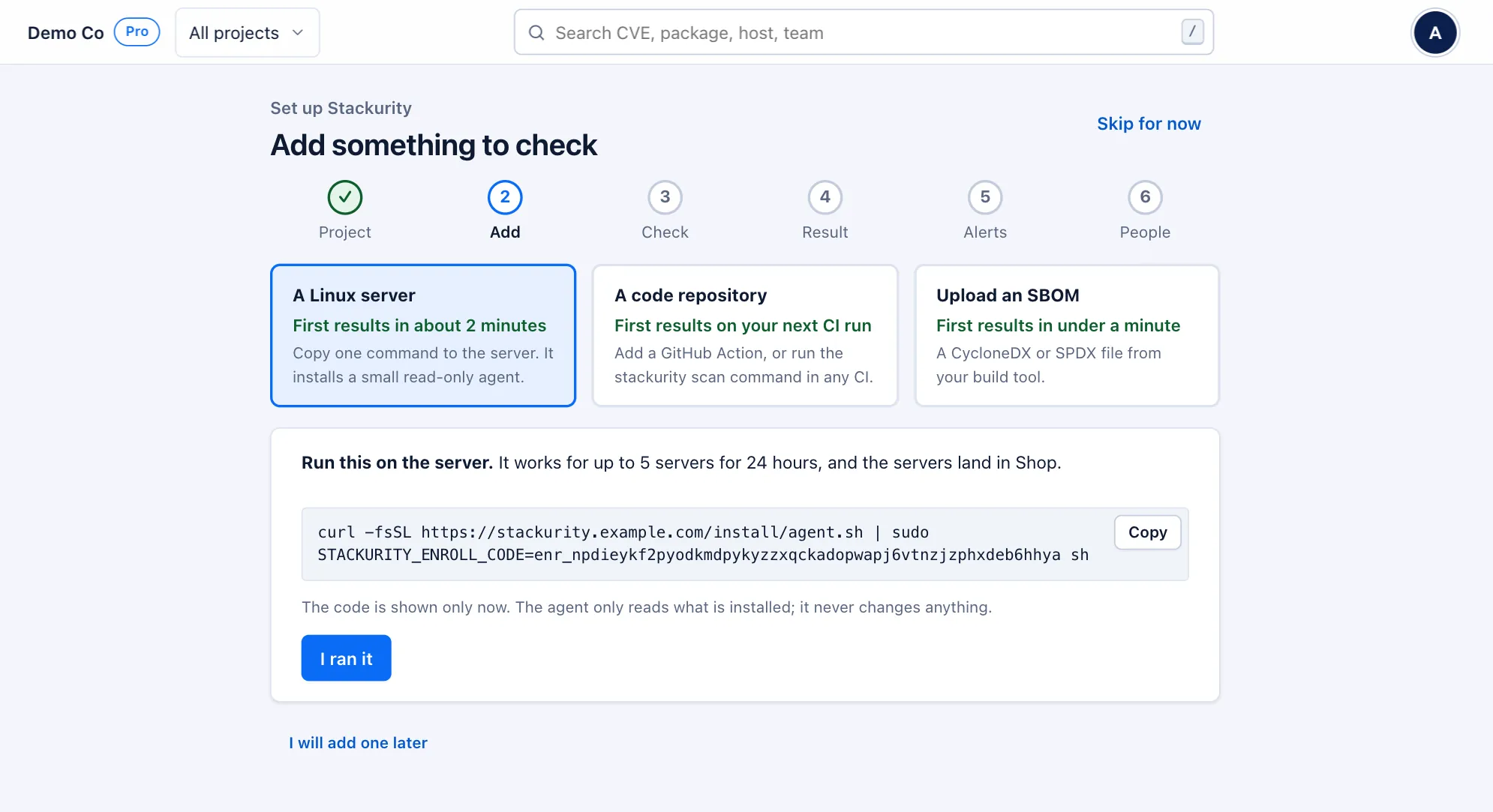 Set up Stackurity, step 2, Add something to check: a Linux server with the one-line install command